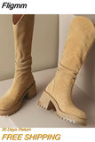 Fligmm Suede Brown Knee High Western Boots Women 2023 Autumn Chunky Heels Platform Long Boots Woman Pleated Outdoor Botas De Mujer