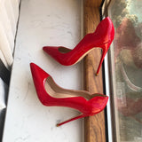 Fligmm chic Glossy Red Side V Cut Women Sexy Pointy Toe High Heels Fashion Designer Formal Dress Party Shoes Plus Size 33-46