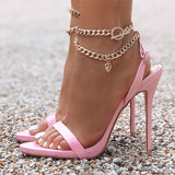 Fligmm Quality Pink Patent Leather Summer Women's Shoes Sandals Fashion Open Toe Metal Chain Ankle Strap Sexy Stiletto Heels Ladie