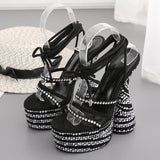 Fligmm New Lace Up Platform Sandals Women Fashion Open Toe Thick Bottom Crystal Strange High Heels Nightclub Stripper Shoe Size 42