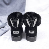 Fligmm Women Boots Fox Fur Brand Winter Shoes Warm Snow Boots Black Round Toe Casual Female Slip-on Woolen Boot Sweet Flock flats