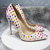 Fligmm Multi-Color Spikes Women White Matte Pointy Toe High Heel Celebrity Party Shoes Sexy Ladies Slip On Thin Stiletto Pumps