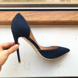 Fligmm Navy Blue Women Denim Fabric D'Orsay High Heel Shoes 8cm 10cm 12cm Pointy Toe Elegant Stiletto Pumps Comfortable Soft