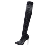 Fligmm Thigh Women's High Boots Fashion Crystal Stretch Fabric Sock Boot Pointed Toe Over-the-Knee Heel Stripper Shoes Size 35-43