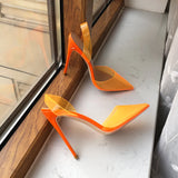 Fligmm Orange Summer Women Transparent Soft PVC Pointy Toe High Heel Slingback Shoes Jelly Stiletto Pumps Colors Customizable