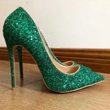 Fligmm Green Women Glitter Sexy Pointed Toe Stilletto Pumps Ladies Sparkly Party High Heels Shiny Wedding Shoes 8cm 10cm 12cm