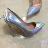 Fligmm Laser Shiny Silver Patent Women Pointy Toe High Heel Party Shoes Gorgeous Ladies Wedding Stiletto Pumps 8cm 10cm 12cm