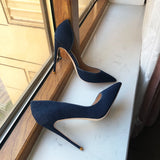 Fligmm Navy Blue Women Denim Fabric D'Orsay High Heel Shoes 8cm 10cm 12cm Pointy Toe Elegant Stiletto Pumps Comfortable Soft