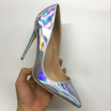 Fligmm Laser Shiny Silver Patent Women Pointy Toe High Heel Party Shoes Gorgeous Ladies Wedding Stiletto Pumps 8cm 10cm 12cm