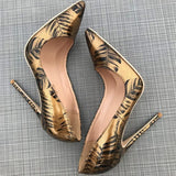 Fligmm Women Pattern Printed Gold Patent Pointed Toe High Heels Plus Size 34-45 Sexy Ladies Chic Stiletto Pumps Fashion Shoes