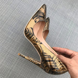 Fligmm Women Pattern Printed Gold Patent Pointed Toe High Heels Plus Size 34-45 Sexy Ladies Chic Stiletto Pumps Fashion Shoes