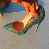 Fligmm Green Shiny Sequins Women Pointy Toe High Heels Slip On Stiletto Pumps for Elegant Ladies Chic Wedding Party Dress Shoes