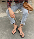 fligmm New Summer Sandals Women Flat Ankle Strap Gladiator Sandal Lace Up Casual Shoes Brand Sandals Vacation Flip Flops Sandalias