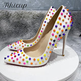 Fligmm Multi-Color Spikes Women White Matte Pointy Toe High Heel Celebrity Party Shoes Sexy Ladies Slip On Thin Stiletto Pumps