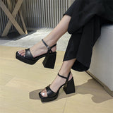 Fligmm Genuine Leather Women Shoes Super High Heel Platform Thick Heel Sandals Square Toe Ladies Footwear Fashion Summer Black