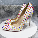 Fligmm Multi-Color Spikes Women White Matte Pointy Toe High Heel Celebrity Party Shoes Sexy Ladies Slip On Thin Stiletto Pumps