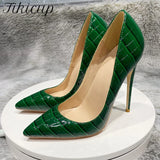 Fligmm Green Crocodile Effect Women Pointy Toe High Heels 8cm 10cm 12cm Customize Ladies Sexy Stiletto Pumps Club Party Shoes