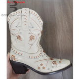 fligmm Embroidered Estern Boots For Women Ankle Bootie Cowboy Cowgirls Flower Print Fashiin Chunke Heel Slip On Shoes 2023