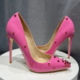 Fligmm Women Patent Pink Pointy Toe High Heel Shoes with Spikes Sexy Ladies Rivets Party Stiletto Pumps Big Size 43 44 45