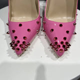 Fligmm Women Patent Pink Pointy Toe High Heel Shoes with Spikes Sexy Ladies Rivets Party Stiletto Pumps Big Size 43 44 45