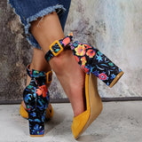 Fligmm Women Yellow Flock Flower Color High Heels Sandals Female Pumps Peep Toe Ankle Strap Platform Shoes Summer 2023