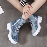 Fligmm Denim Women Boots Ladies Chunky Heel Platform Round Toe Shoes Denim Ankle Women Boots Jeans Casual Lace Up Bootsdr5