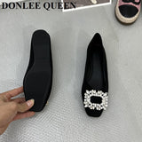 fligmm Women Shoes Brand Rhinestone Square Buckle Flats Ballet Square Toe Flat Heels Ladies Casual Loafers Soft Ballerina Female  Mujer