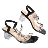 Fligmm Women Sandals Pvc Crystal Flower Decoration Chunky Heel Peep Toe Back Strap Elastic Band Elegant Fashion Shoes Ladies