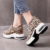 Fligmm Heel Casual Platform Shoes Woman Sneakers Suede Slip on Shoes Women Height Increasing Flock Leopard Print Wedges Shoes