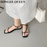 fligmm Summer Sandals Women Flat Square Toe Fashion Brand Narrow Band Sandal Casual Slipper Shoes Vintage Open Toe Sandalias Mujer 925