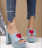 fligmm Mule Sandals For Women Slingback Heart-shaped Design Open Toe Chunky Block High Heeled Sandals Denim Casual Shoes