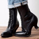 Fligmm Women Victorian Modern Punk Style Round Toe Lace Up Low Med Strange Heel Fashion Mid Calf Western Boots Shoes Woman 2023 New