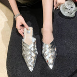 Fligmm Silver Low Heels Slippers Women Summer 2023 Pointed Toe Thick Heeled Gladiator Sandals Woman Brand Designer Mules Slipper