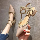 Fligmm Pointed Wedding Party Shoes Ladies Buckles T-Strap High Heels Women Sandals Roman Pumps Patent Leather Stud Single