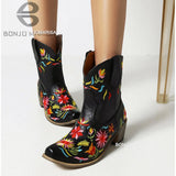 fligmm Embroidered Estern Boots For Women Ankle Bootie Cowboy Cowgirls Flower Print Fashiin Chunke Heel Slip On Shoes 2023