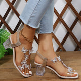 Fligmm Women Sandals Pvc Crystal Flower Decoration Chunky Heel Peep Toe Back Strap Elastic Band Elegant Fashion Shoes Ladies