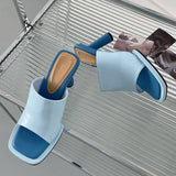 Fligmm Blue Slippers Sandals Women Summer 2023 Fashion Square Toe Sexy High Heels Platform Shoes Outdoor Cozy PU Leather Slides