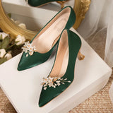 Fligmm Pointed Toe Pumps for Women 2023 New Green Silk Low Heels Shoes Woman Slip on Thin Heeled Lady Shoes Green Party Shoes