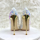 Fligmm Bling Sequins Women White Pointy Toe High Heel Shoes for Wedding Party Sparkle Celebrity Stiletto Pumps 8cm 10cm 12cm