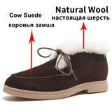 Fligmm Women Natural Wool Shoes Genuine Leather Ankle Boots Cow Suede Flat Snow Boots Round Toe Lace Up Ladies Boots Winter 41