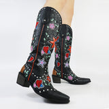 fligmm cowboy heart floral Mid Calf Boots women stacked heeled Women Embroidery Work ridding Western Boots shoes big size 46