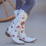 fligmm cowboy heart floral Mid Calf Boots women stacked heeled Women Embroidery Work ridding Western Boots shoes big size 46