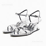 Fligmm High Heels Metallic Sliver Bling Sandals For Women Narrow Band Buckle Strap Sexy Brand New Shoes Open Toe Summer Party