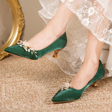 Fligmm Pointed Toe Pumps for Women 2023 New Green Silk Low Heels Shoes Woman Slip on Thin Heeled Lady Shoes Green Party Shoes