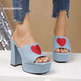 fligmm Mule Sandals For Women Slingback Heart-shaped Design Open Toe Chunky Block High Heeled Sandals Denim Casual Shoes