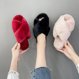 Fligmm Slippers Winter Women Faux Fur Fashion Warm Shoes Woman Slip on Flats Female Slides Black Pink cozy home furry slippers