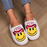 Fligmm Cowboy Smile Face Fur Slippers Women 2023 Winter Closed Toe Plush Cotton Slippers Woman Comfy Soft Bottom House Shoes