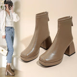 Fligmm New Autumn Winter Leather Short Boots Women Square High Heel Women Shoes Zipper All Match Ankle Boot Female Platform Shoes