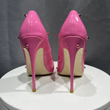 Fligmm Women Patent Pink Pointy Toe High Heel Shoes with Spikes Sexy Ladies Rivets Party Stiletto Pumps Big Size 43 44 45