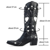 fligmm Cowboy Wesetrn Boots For Women 2023 Heart Pointed Toe Floral Embroidery Chunky Heel Knee High Vintage Riding Boots